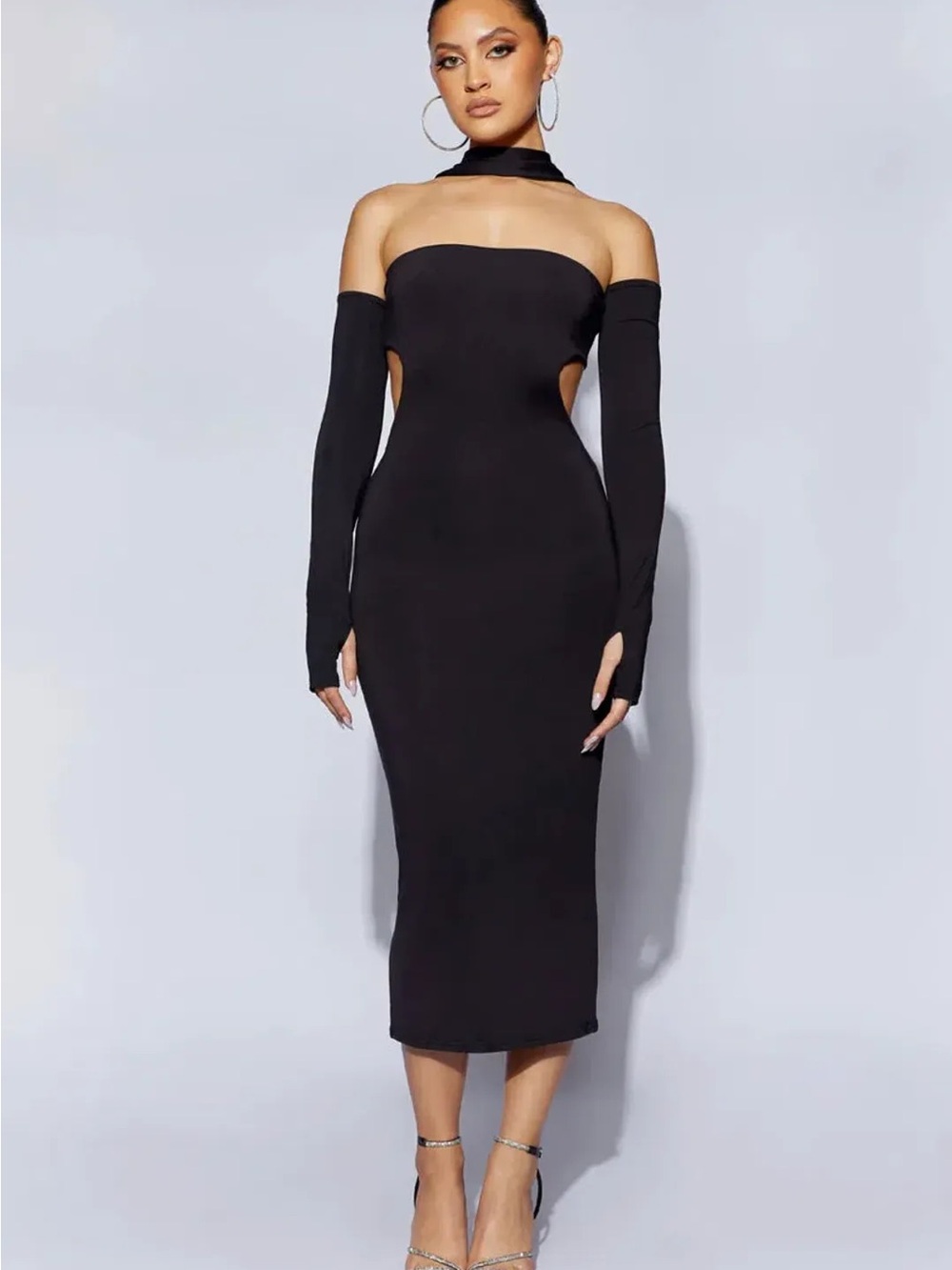 MESHKI DEMIE NECKBAND MIDI DRESS WITH FINGERLESS GLOVES BLACK